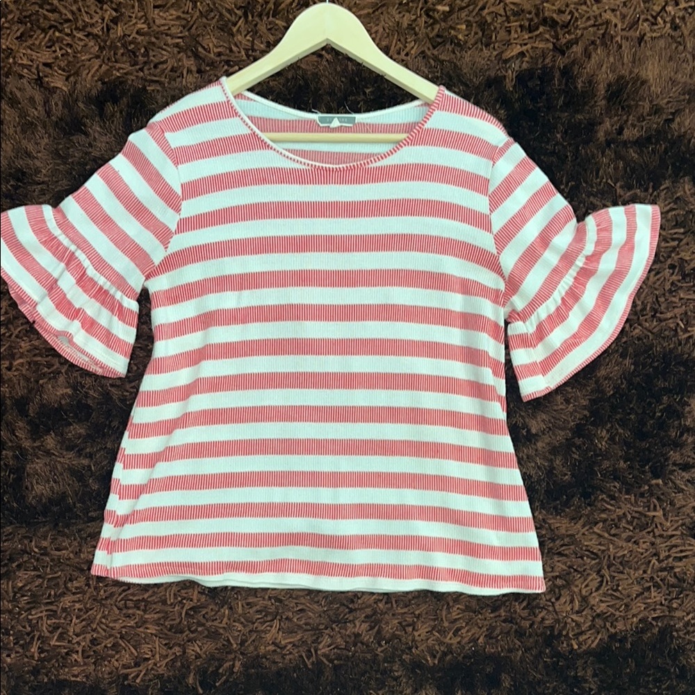 Women’s Red and White Striped Ruffle Sleeve Top-sz L